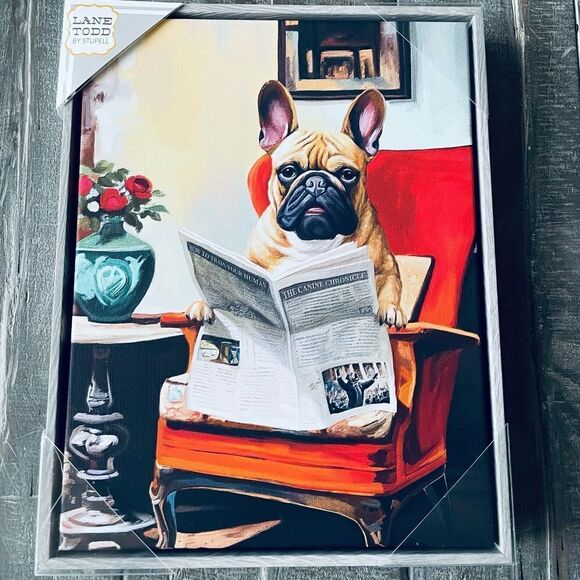 Framed Canvas Dog Wall Art Frenchie Bulldog Reading Newspaper - Picture 1 of 3
